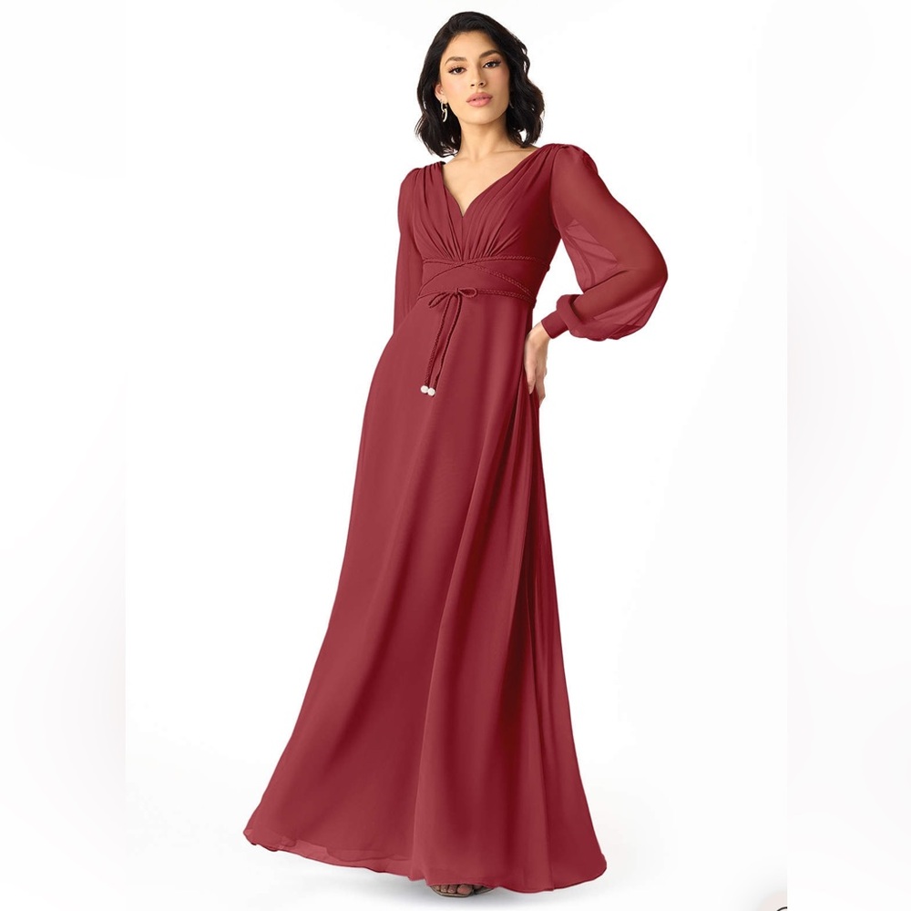 Azazie Chiffon Floor Length A-Line Bridesmaid Wedding Dress Pomegranate Size 12